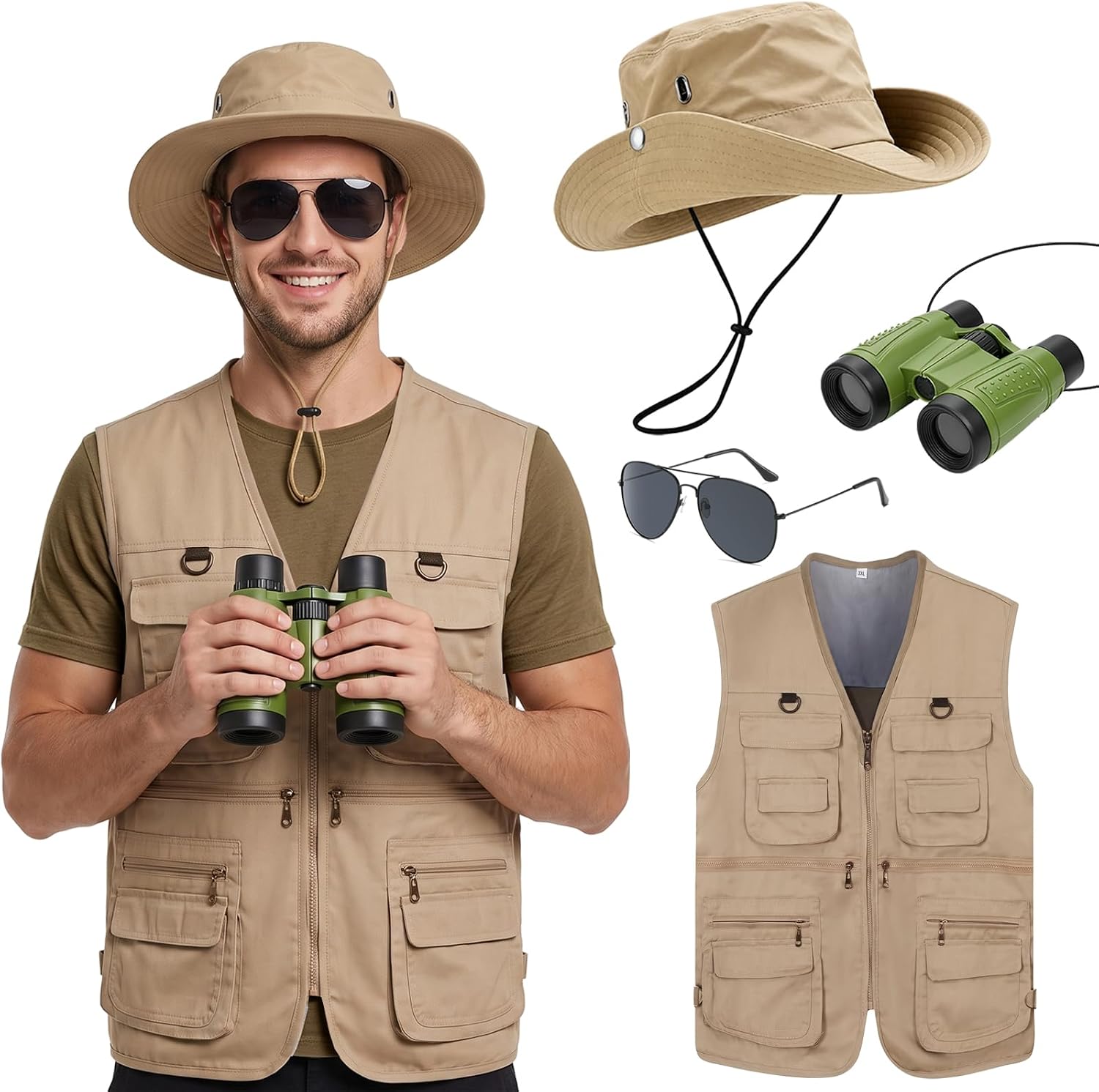 4 Pcs 남자 사파리 의상 세트 모자 조끼 선글라스와 - Zoo Outdoor Adventure Set 리뷰 및 가격
